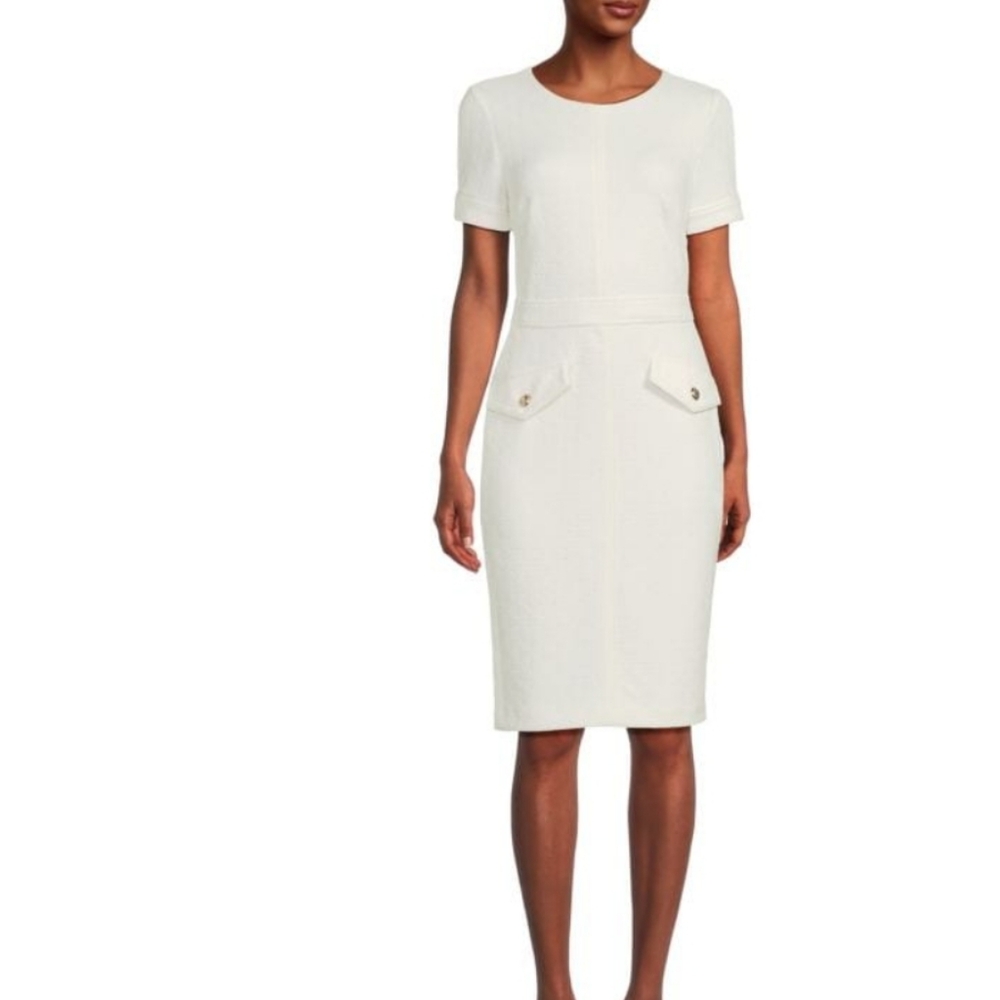 Tommy Hilfiger Cream Sheath Midi Dress with Crew Neck and Short Sleeves.